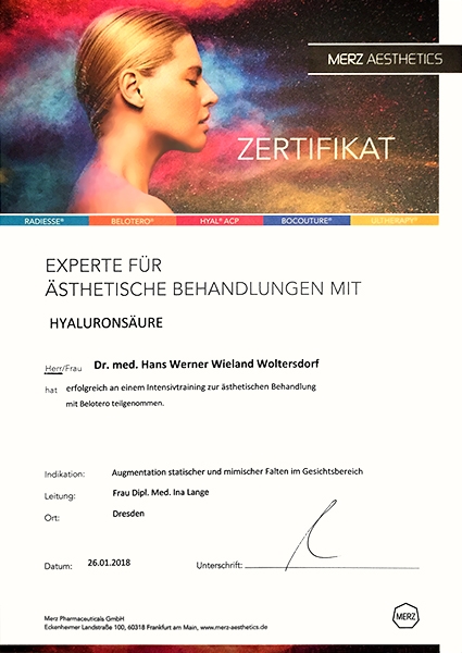 Zertifikat Merz Aesthetics: Dr. med. Wieland Woltersdorf - Experte für ästhetische Behandlungen mit Hyaluronsäure (26.01.2018)