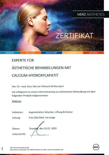 Zertifikat Merz Aesthetics: Dr. med. Wieland Woltersdorf - Experte für ästhetische Behandlungen mit Calcium-Hydroxylapatit (31.01.2020)