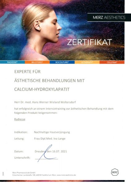 Zertifikat Experte für ästhetische Behandlungen mit Radiesse: Dr. med. Woltersdorf (Merz Aesthetics, 16.07.2021)