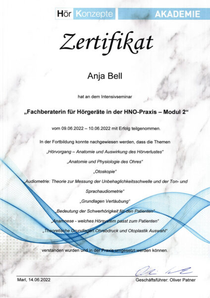 Zertifikat Anja Bell: "Fachberaterin für Hörgeräte in der HNO-Praxis - Modul 2" (Marl, 2022)