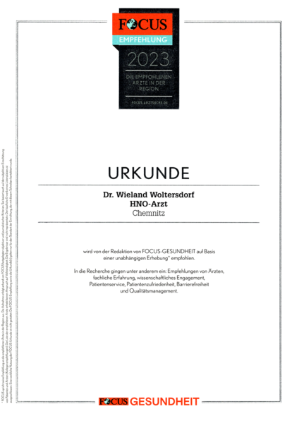 2023 von FOCUS-Gesundheit empfohlen: HNO-Arzt Dr. Wieland Woltersdorf, Chemnitz