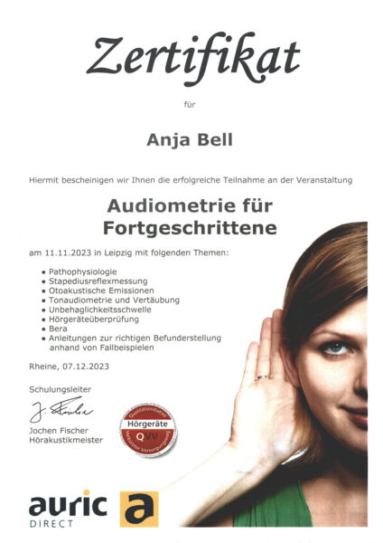 Anja Bell: Zertifikat Audiometrie für Fortgeschrittene (Auric Direct, Leipzig, 11.11.2023)