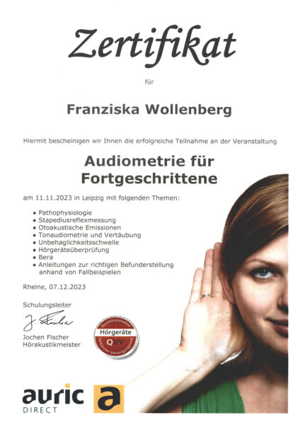 Franziska Wollenberg: Zertifikat Audiometrie für Fortgeschrittene (Auric Direct, Leipzig, 11.11.2023)