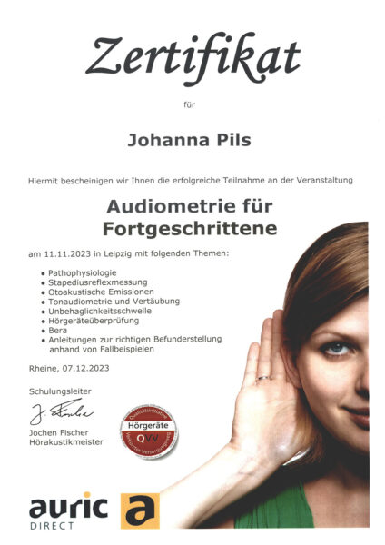 Johanna Pils: Zertifikat Audiometrie für Fortgeschrittene (Auric Direct, Leipzig, 11.11.2023)