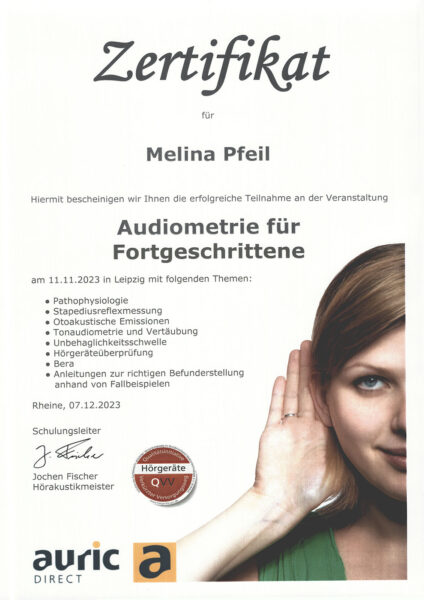 Melina Pfeil: Zertifikat Audiometrie für Fortgeschrittene (Auric Direct, Leipzig, 11.11.2023)