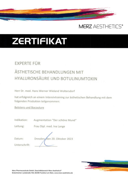 Dr. med. Wieland Woltersdorf: Zertifikat: Experte für ästhetische Behandlung mit Hyaluronsäure und Botulinumtoxin (Merz Aesthetics)(Dresden, 20.10.2023)