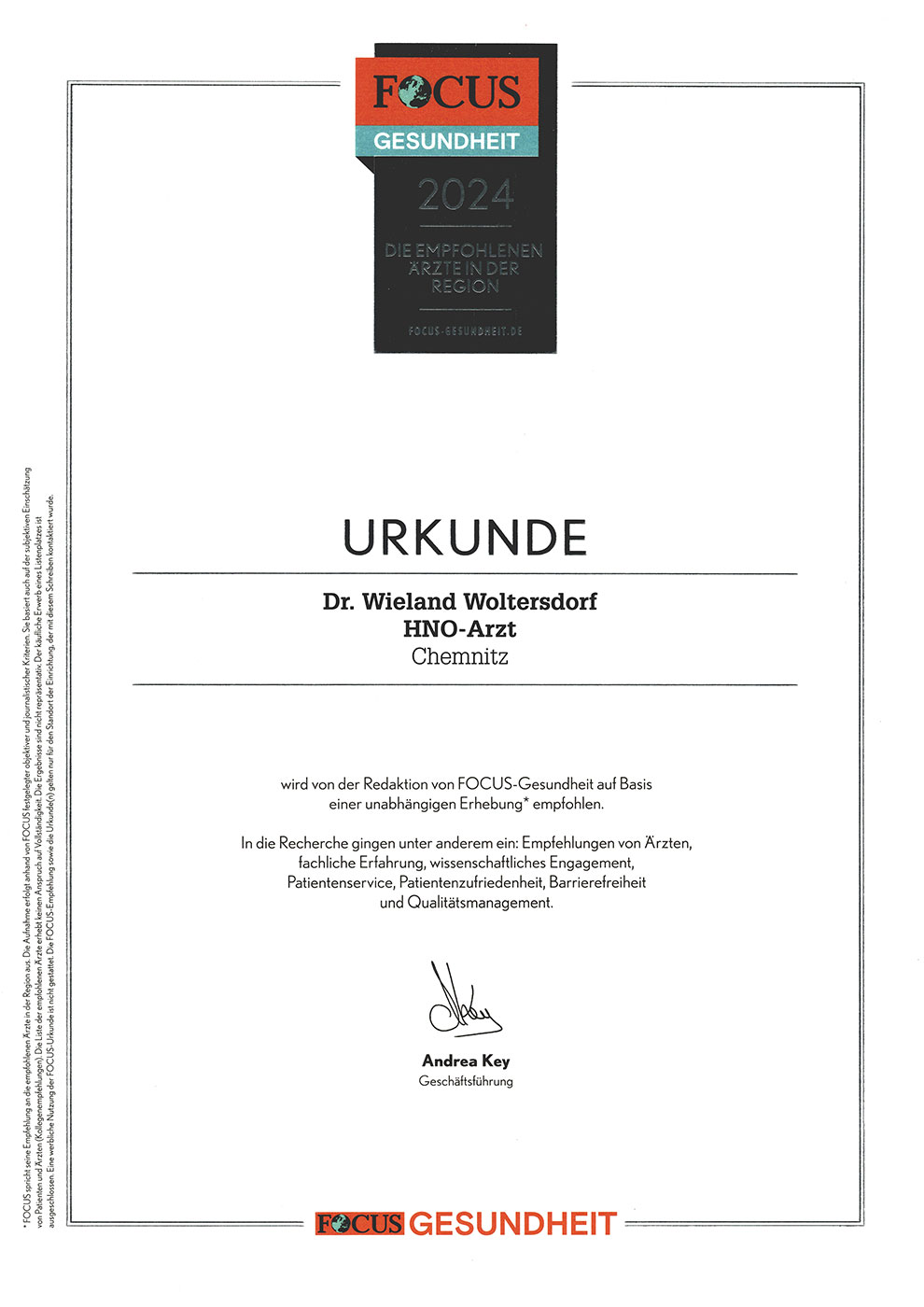 2024 von FOCUS-Gesundheit empfohlen: HNO-Arzt Dr. Wieland Woltersdorf, Chemnitz