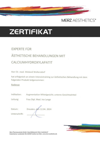 Zertifikat: Experte für ästhetische Behandlung mit Calciumhydroxylapatit (Merz Aesthetics, 2024)