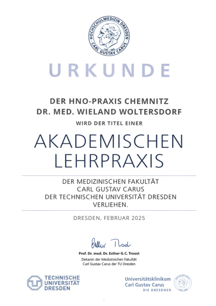 HNO-Praxis Chemnitz: Urkunde "Akademische Lehrpraxis" der medizinischen Fakultät der TU Dresden (Februar 2025)