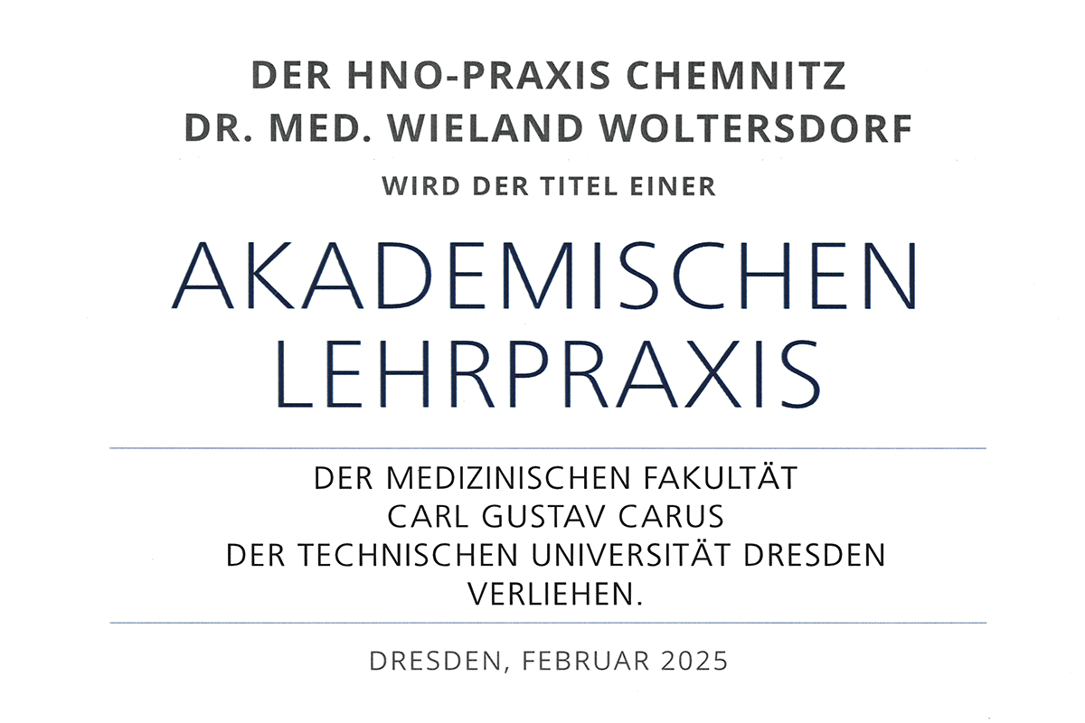 HNO-Praxis Chemnitz: Urkunde "Akademische Lehrpraxis" der medizinischen Fakultät der TU Dresden (Februar 2025) (Titelbild)