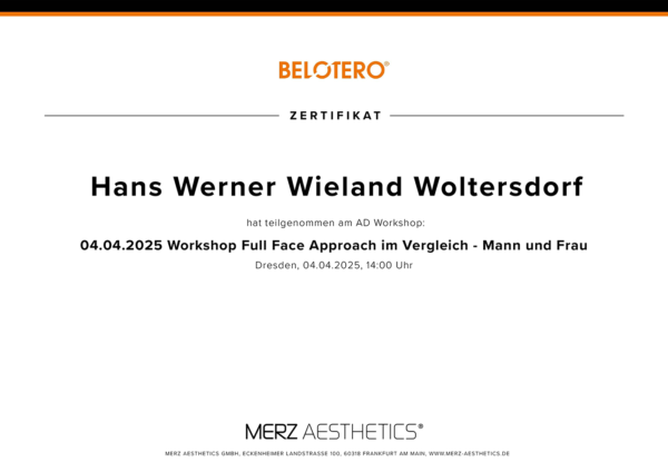 Wieland Woltersdorf: Merz Aesthetics Zertifikat: Workshop Full Face Approach im Vergleich Mann und Frau (Dresden, 04.04.2025)