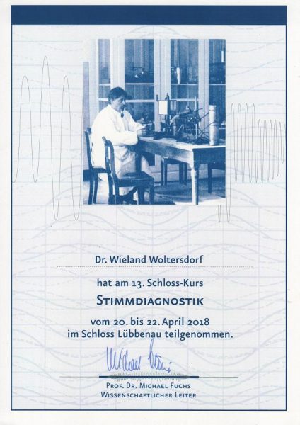 Urkunde Stimmdiagnostik Dr. Woltersdorf