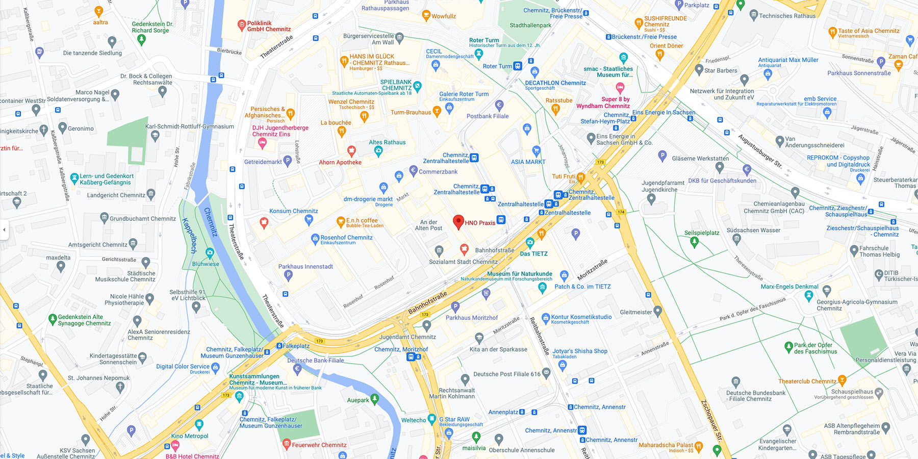 Google-Map-Bild: HNO-Praxis Dr. Woltersdorf Chemnitz (Kartendaten © 2022 GeoBasis-DE/BKG (© 2009), Google)